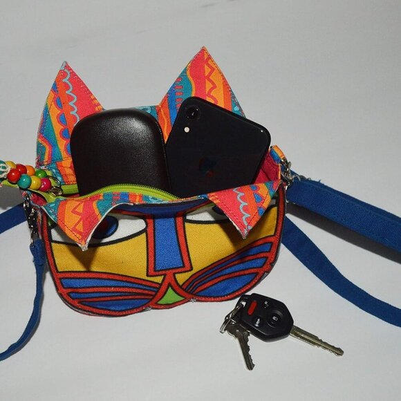 Cat-On-the-Bag A-Mews-Ing Kitty Face Fun Colorful Crossbody Bag | One Pocket Sli - Picture 7 of 7